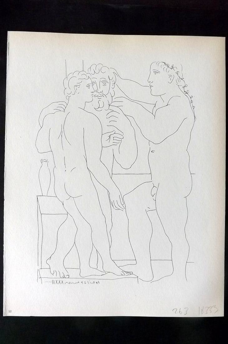 Picasso Vollard Suite 1956 Print. Three Nude Men, Standin 52: Vintage Photogravure Published 1956, London for "Picasso's Vollard Suite" First English Edition of 100 Etchings created by Picasso between 1930-37. Printed on Good Quality Paper in Germany. Paper Size