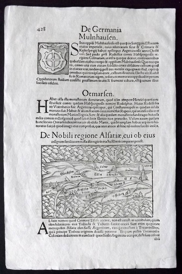 Munster, Sebastian 1575 Early Woodcut Map. Alsace, Strasburg. Germany France (1 of 2)