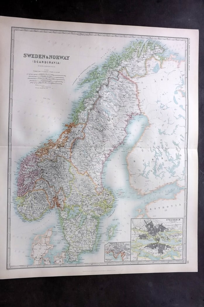 Johnston, Alexander 1894 LG Antique Map. Sweden and Norway (1 of 2)