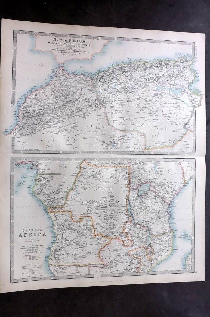 Johnston, Alexander 1894 LG Antique Map. North West and Central Africa: Large Folio Colour Printed Steel Engraved Map Published 1894, Edinburgh & London for "The Royal Atlas of Modern Geography" by Alexander Keith Johnston and T. B. Johnston. Centre fold as published. Pap