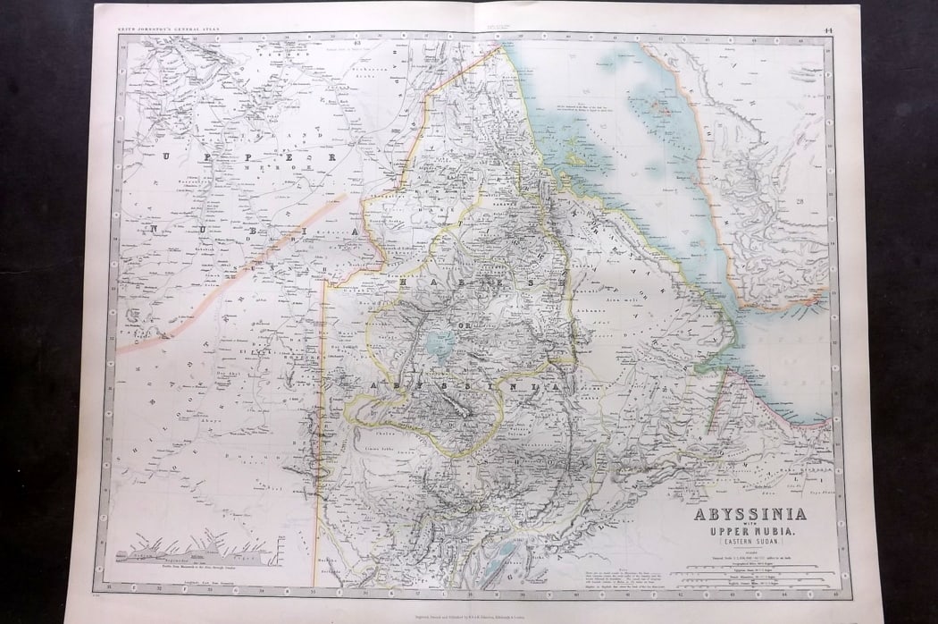 Johnston, Alexander 1894 LG Antique Map. Abyssinia: Large Folio Colour Printed Steel Engraved Map Published 1894, Edinburgh & London for "The Royal Atlas of Modern Geography" by Alexander Keith Johnston and T. B. Johnston. Centre fold as published. Pap