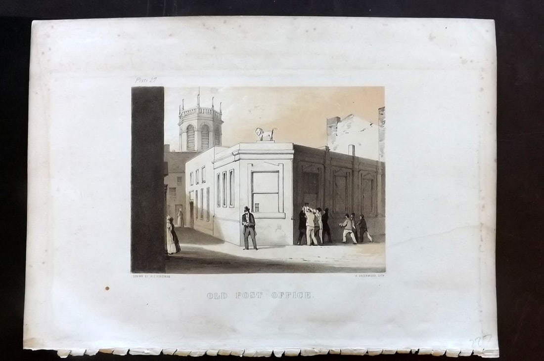 Herdman, William 1856 Folio Liverpool Print. Old Post Office 27: Folio Lithograph Published 1856, London & Liverpool for "Pictorial Relics of Ancient Liverpool..." by William Gawin Herdman. Illustrated by the author and Lithographed by Greenwood. Paper Size: 14.5 x