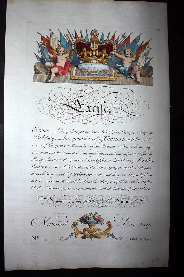 Bickham, George 1743 Folio Hand Col Calligraphy Print. Excise (1 of 1)