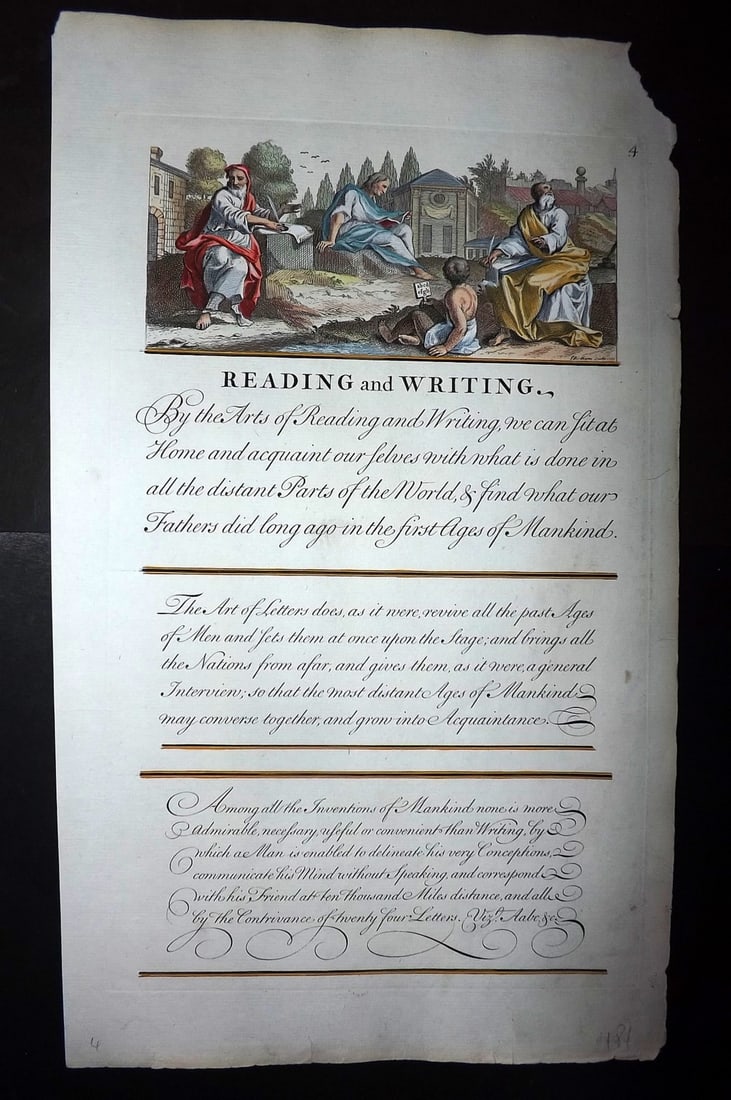 Bickham, George 1743 Folio Hand Col Calligraphy Print. Reading and Writing (1 of 1)