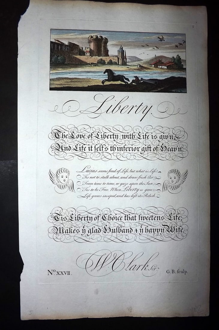 Bickham, George 1743 Folio Hand Col Calligraphy Print. Liberty (1 of 1)