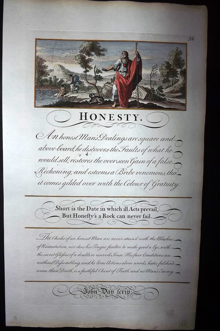 Bickham, George 1743 Folio Hand Col Calligraphy Print. Honesty: Folio Hand Colored Copper Plate Published 1733-43 London for "The Universal Penman" by George Bickham. Paper Size: 15.5 x 9.5 inch (49 x 24cm) Good Condition