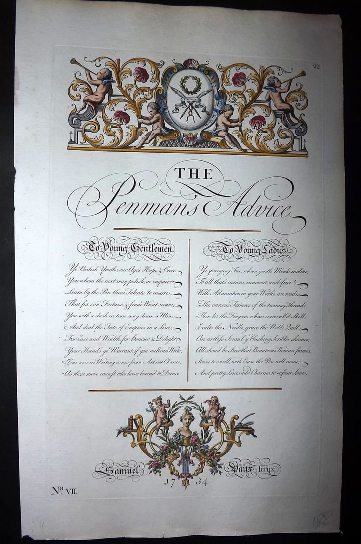 Bickham, George 1743 Folio Hand Col Calligraphy Print. The Penmans Advice: Folio Hand Colored Copper Plate Published 1733-43 London for "The Universal Penman" by George Bickham. Paper Size: 15.5 x 9.5 inch (49 x 24cm) Good Condition