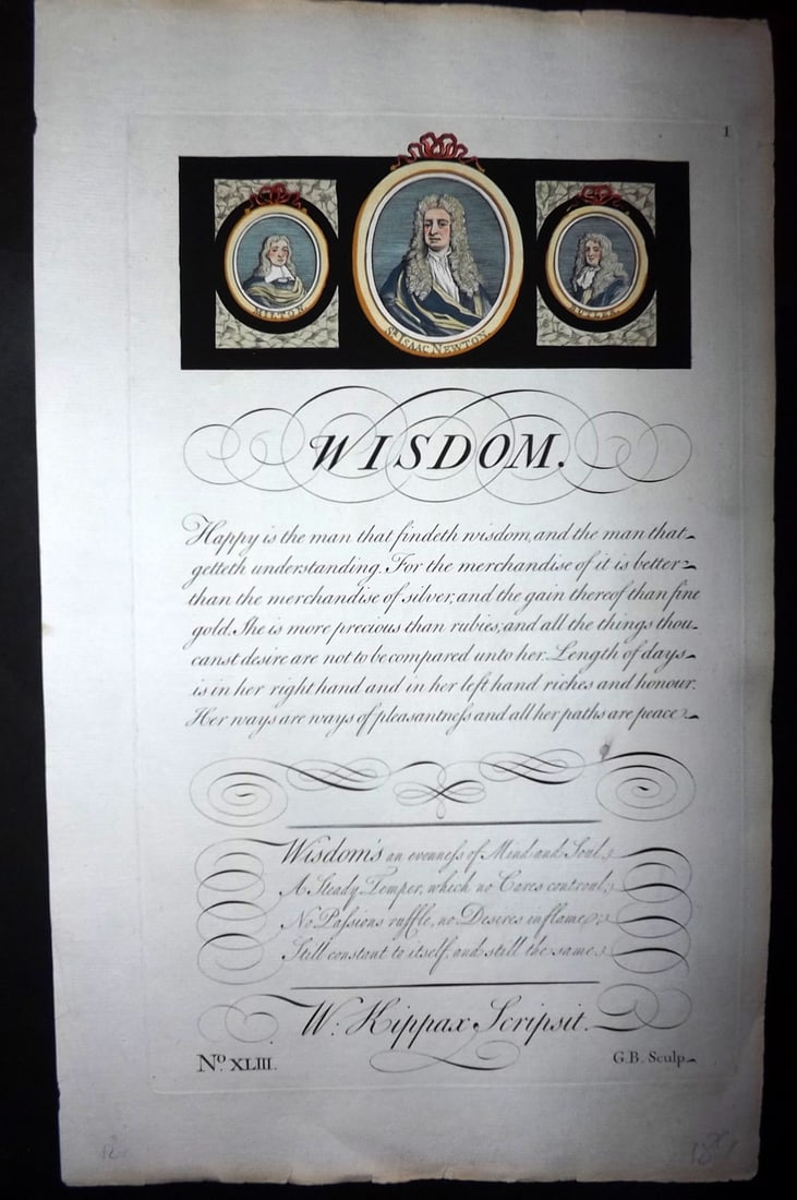 Bickham, George 1743 Folio Hand Col Calligraphy Print. Wisdom: Folio Hand Colored Copper Plate Published 1733-43 London for "The Universal Penman" by George Bickham. Paper Size: 15.5 x 9.5 inch (49 x 24cm) Good Condition