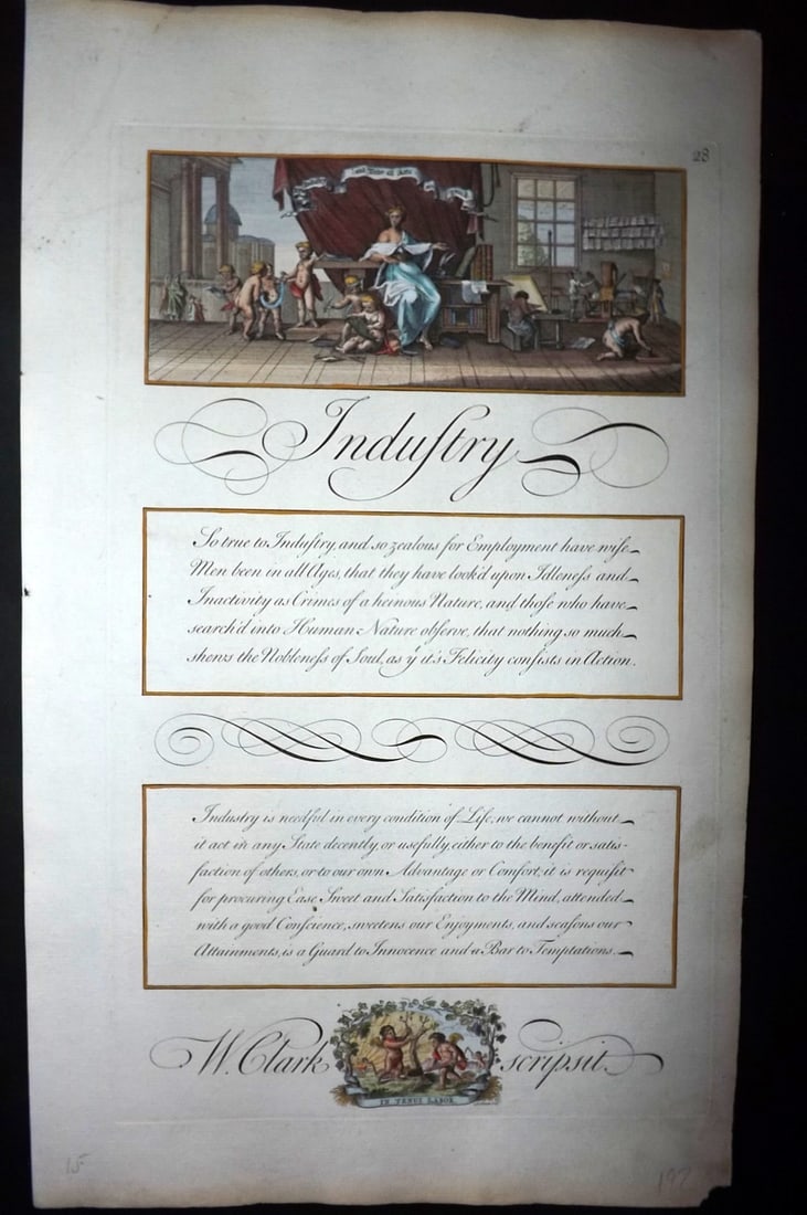 Bickham, George 1743 Folio Hand Col Calligraphy Print. Industry: Folio Hand Colored Copper Plate Published 1733-43 London for "The Universal Penman" by George Bickham. Paper Size: 15.5 x 9.5 inch (49 x 24cm) Good Condition