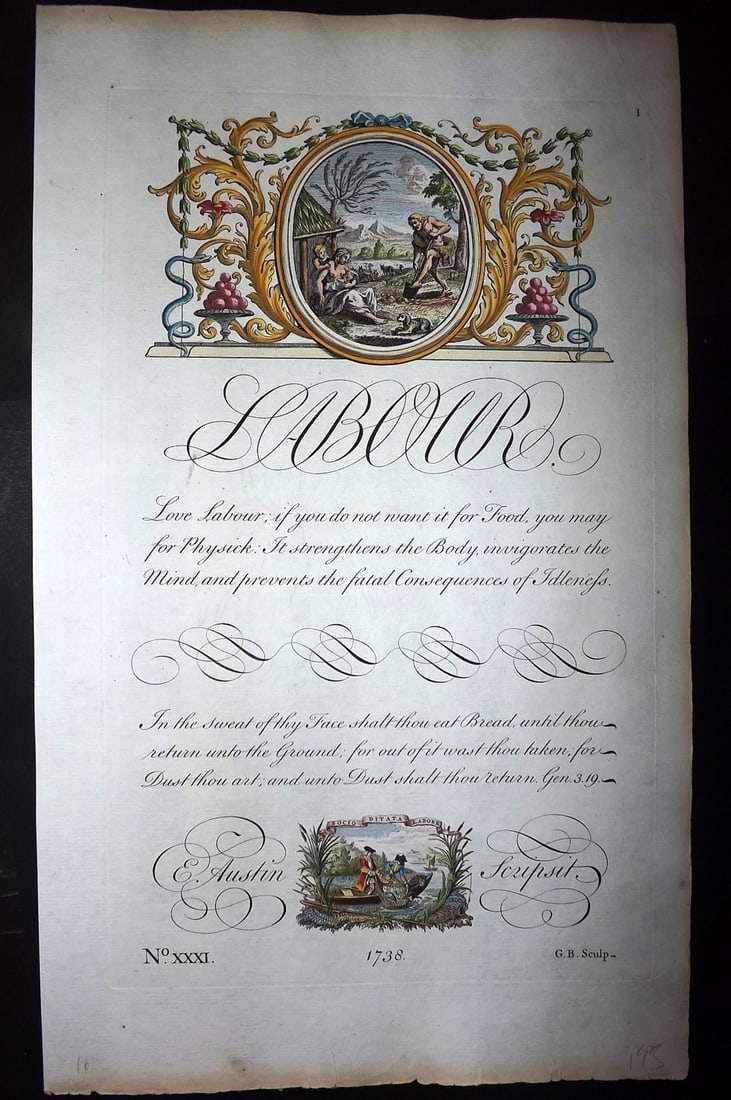 Bickham, George 1743 Folio Hand Col Calligraphy Print. Labour (1 of 1)