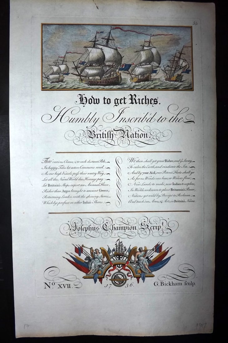 Bickham, George 1743 Folio Hand Col Calligraphy Print. How to get Riches: Folio Hand Colored Copper Plate Published 1733-43 London for "The Universal Penman" by George Bickham. Paper Size: 15.5 x 9.5 inch (49 x 24cm) Good Condition