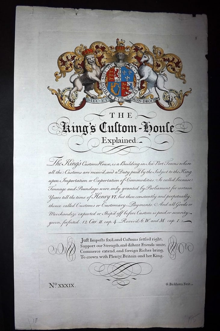Bickham, George 1743 Folio Hand Col Calligraphy Print. The King's Custom House (1 of 1)