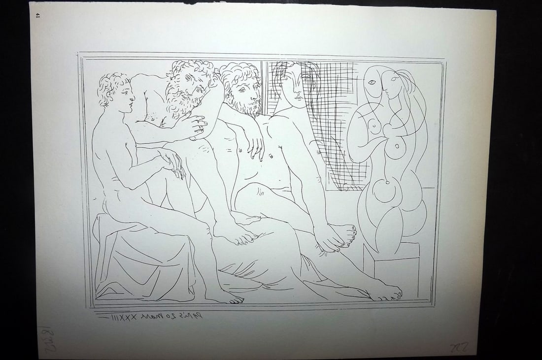 Picasso Vollard 1956 Print. Two Sculptors, Male and Female Model & Sculpture 41: Vintage Photogravure Published 1956, London for "Picasso's Vollard Suite" First English Edition of 100 Etchings created by Picasso between 1930-37. Printed on Good Quality Paper in Germany. Paper Size