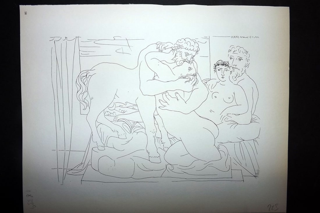 Picasso Vollard 1956 Print. Sculptor and Model with Statue of Centaur 58: Vintage Photogravure Published 1956, London for "Picasso's Vollard Suite" First English Edition of 100 Etchings created by Picasso between 1930-37. Printed on Good Quality Paper in Germany. Paper Size