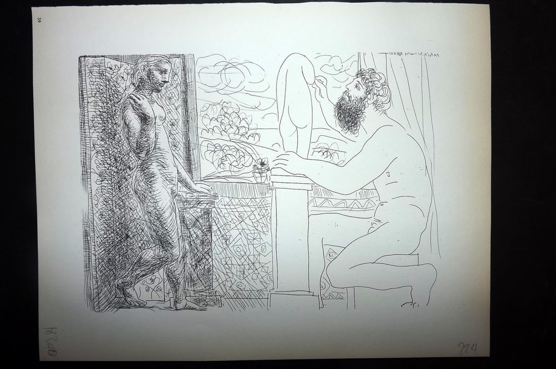 Picasso Vollard 1956 Sculptor seated by a Window, Working from Model 59: Vintage Photogravure Published 1956, London for "Picasso's Vollard Suite" First English Edition of 100 Etchings created by Picasso between 1930-37. Printed on Good Quality Paper in Germany. Paper Size