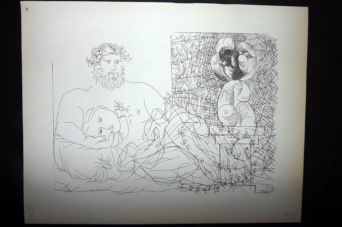 Picasso Vollard 1956 Print. Sculptor at Rest, Recling Model and Sculptor 60: Vintage Photogravure Published 1956, London for "Picasso's Vollard Suite" First English Edition of 100 Etchings created by Picasso between 1930-37. Printed on Good Quality Paper in Germany. Paper Size