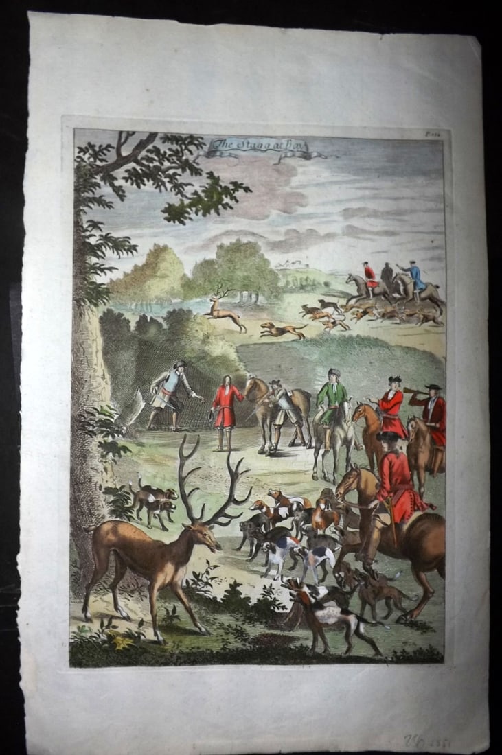 Blome, Richard 1710 Folio Hand Col Print. Stag at Bay. Foxhunting: Folio Hand Colored Copper Plate Published 1710, London for "The Gentleman's Recreation" by Richard Blome. Paper Size: 16 x 10 inch (40 x 25cm) Good Condition