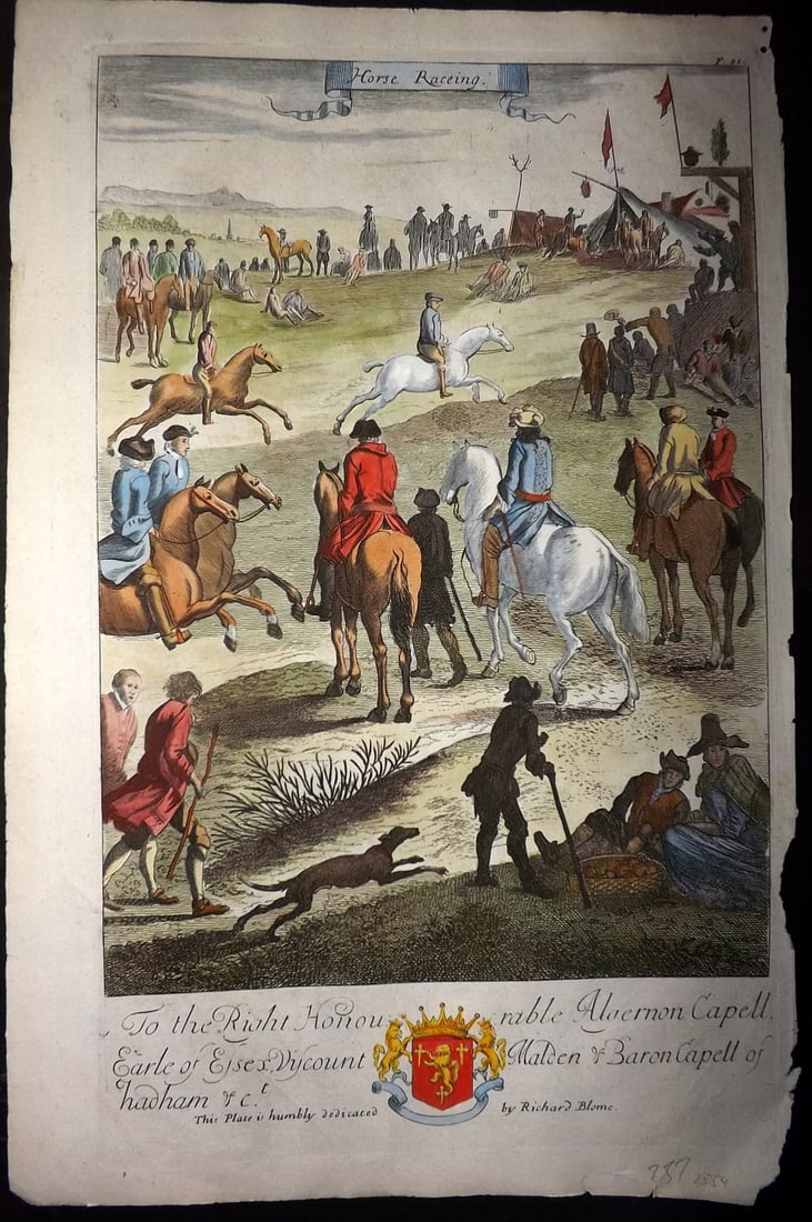 Blome, Richard 1710 Folio Hand Col Print. Horse Racing: Folio Hand Colored Copper Plate Published 1710, London for "The Gentleman's Recreation" by Richard Blome. Paper Size: 16 x 10 inch (40 x 25cm) Very minor chipping to right margin. Good Condition