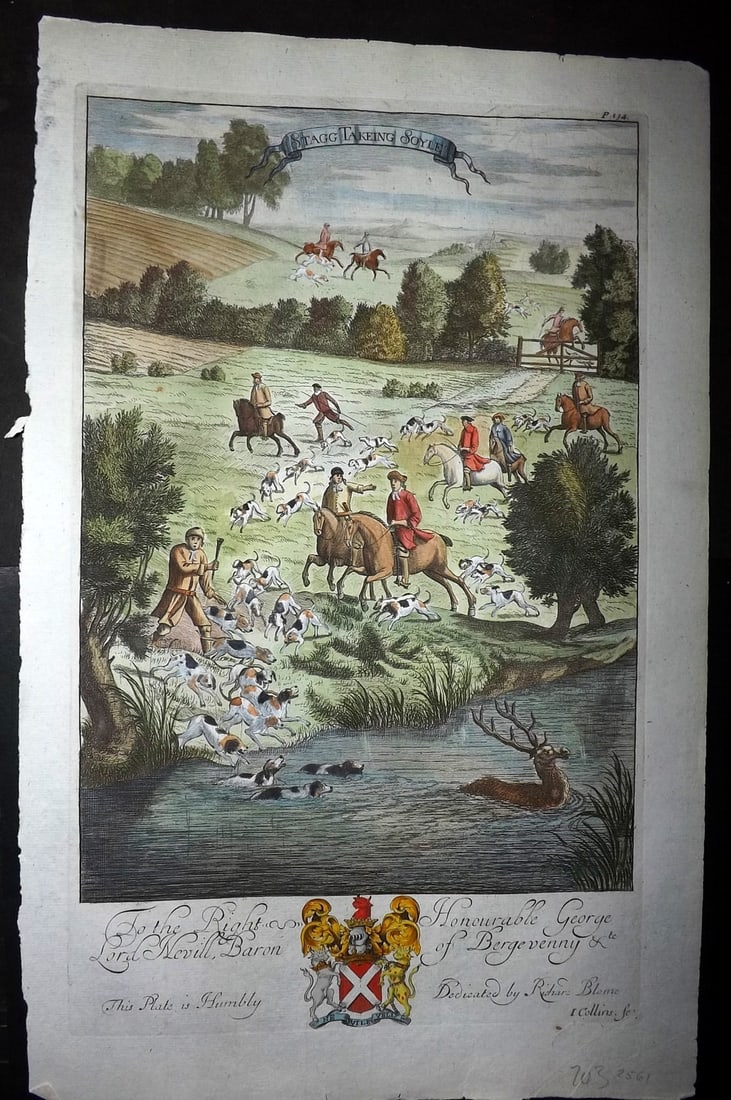 Blome, Richard 1710 Folio Hand Col Print. Stagg Takeing Soyle: Folio Hand Colored Copper Plate Published 1710, London for "The Gentleman's Recreation" by Richard Blome. Paper Size: 16 x 10 inch (40 x 25cm) Good Condition
