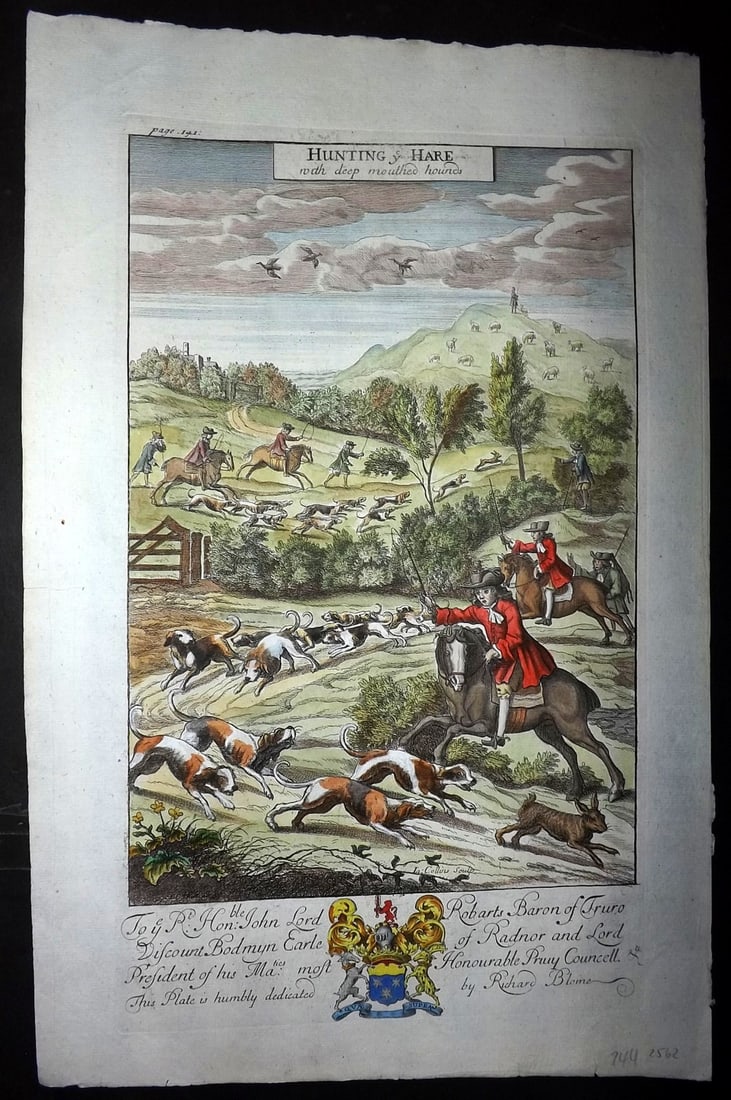 Blome, Richard 1710 Folio Hand Col Print. Hunting ye Hare with deep mouthed hounds: Folio Hand Colored Copper Plate Published 1710, London for "The Gentleman's Recreation" by Richard Blome. Paper Size: 16 x 10 inch (40 x 25cm) Good Condition