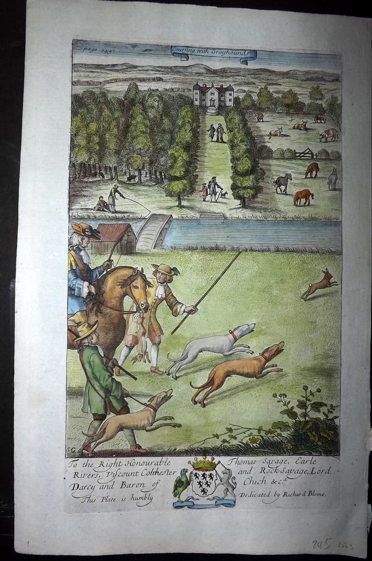 Blome, Richard 1710 Folio Hand Col Print. Coursing with Greyhound (1 of 1)
