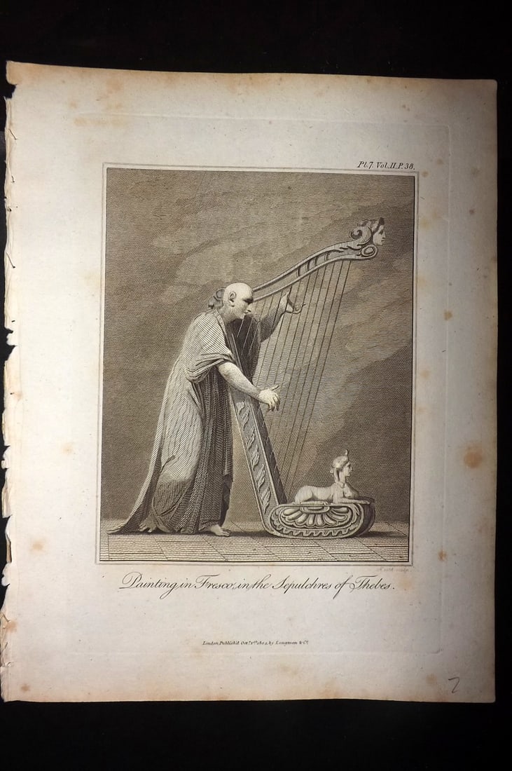 Bruce, James 1813 Print. Painting in Fresco in the Sepulchres of Thebes Egypt Harp (1 of 1)