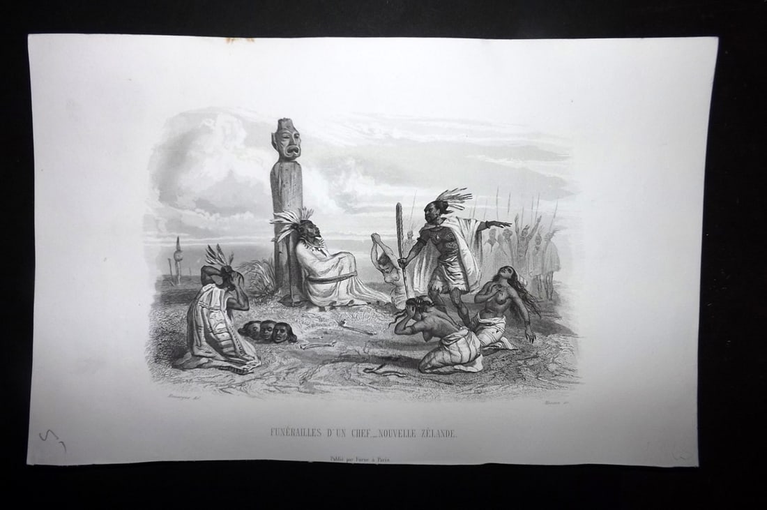 d'Urville 1859 Print. Maori Funeral & Decapitated Heads. New Zealand: Steel Engraving Published 1859, Paris for "Histoire Generale des Voyages..." By Jules Dumont d'Urville. . Paper Size: 10.5 x 6.5 inch (27 x 17cm) Good Condition