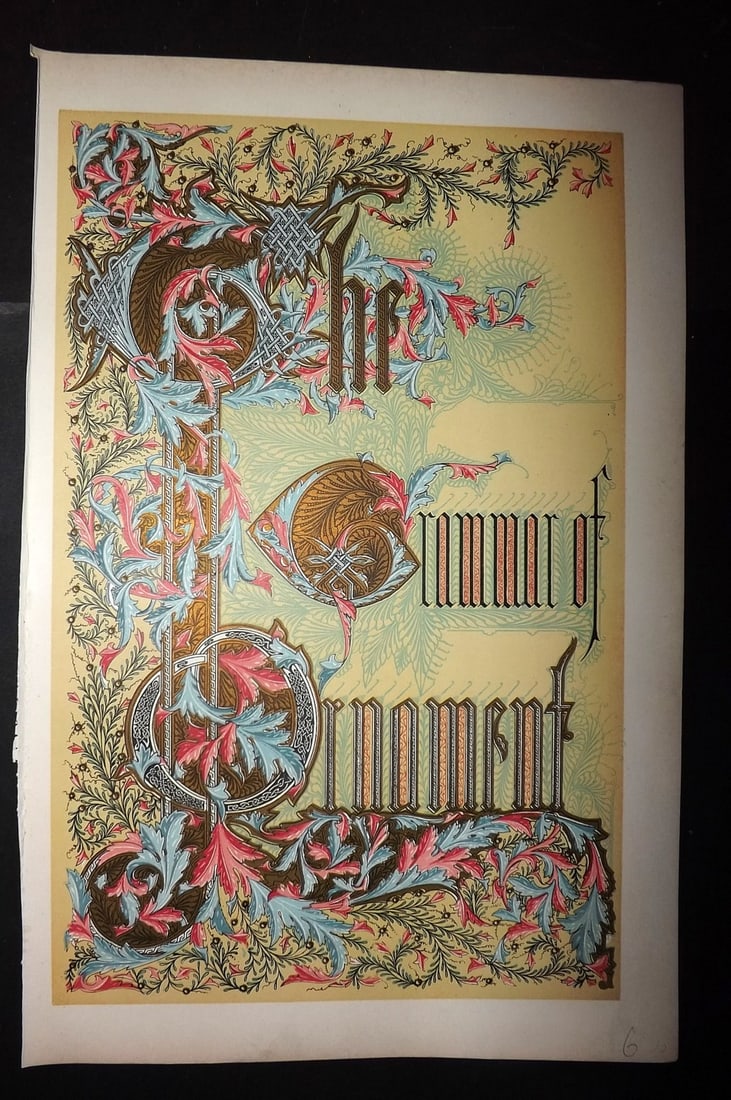 Jones, Owen 1910 Grammer of Ornament Illustrated Title Page: Chromolithograph Published 1910 by Bernard Quaritch, London for "The Grammar of Ornament" by Owen Jones. Paper Size: 13 x 9 inch (33 x 23cm) Good Condition