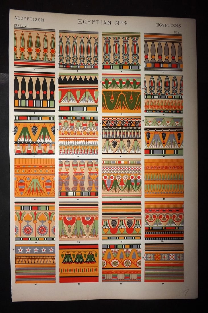 Jones, Owen 1910 Architectural Design Print. Egyptian No. 4: Chromolithograph Published 1910 by Bernard Quaritch, London for "The Grammar of Ornament" by Owen Jones. Paper Size: 13 x 9 inch (33 x 23cm) Good Condition