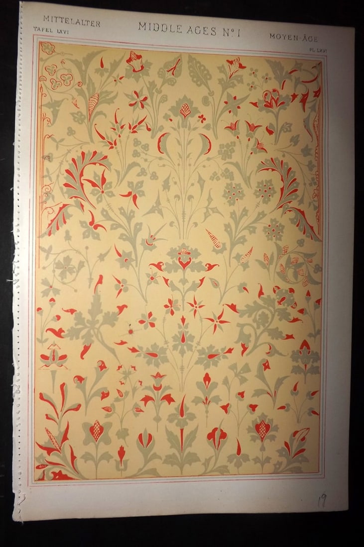 Jones, Owen 1910 Architectural Design Print. Middle Ages No. 1: Chromolithograph Published 1910 by Bernard Quaritch, London for "The Grammar of Ornament" by Owen Jones. Paper Size: 13 x 9 inch (33 x 23cm) Good Condition