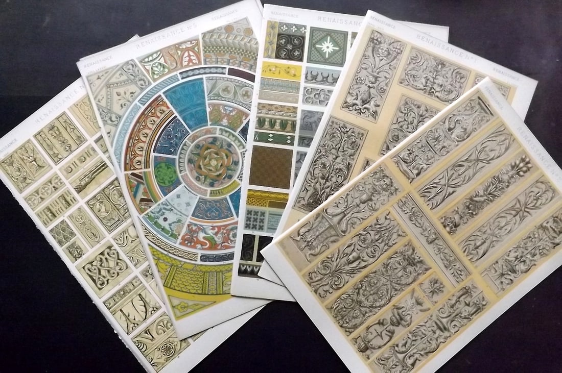 Jones, Owen 1910 Lot of 9 Architectural Design Prints. Renaissance: Antique Chromolithograph Published 1910 by Bernard Quaritch, London for"The Grammar of Ornament" by Owen Jones. Paper Size: 13 x 9.5 inch (33 x 24cm) Good Condition