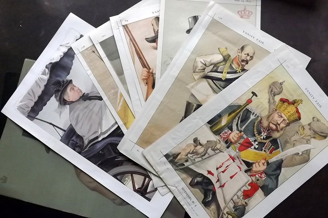 Vanity Fair Prints 19th Cent. Lot of 10 Spy Cartoons. Royalty incl Queen Victoria: Lithographs Published 1869-1914, London for "Vanity Fair" Paper Size: Up to 15 x 10 inch (28 x 26cm) Approx. Good Condition overall