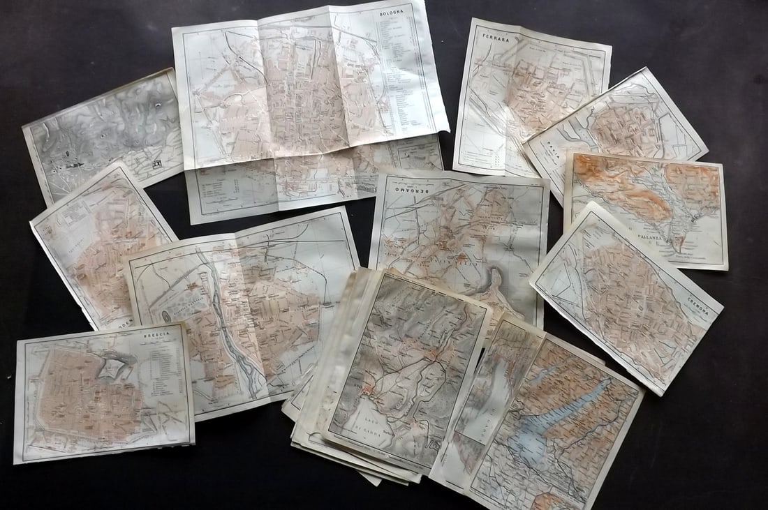 Baedeker, Karl 1906 Lot of 22 Antique Maps. Italy: Lithograph Maps Published 1906, Leipzig for "Italy. Handbook for Travellers. Northern Italy..." by Karl Baedeker. Folds as issued. Paper Size: Up to 9 x 9 inch (23 x 23cm) Good Condition