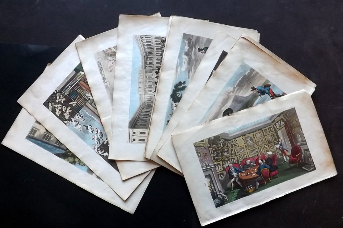 Rowlandson, Thomas 1855 Lot of 12 Hand Colored Doctor Syntax Satire Prints: Hand Colored Aquatint Published 1855, London for "The First Tour of Doctor Syntax?" by William Combe. Illustrated by Thomas Rowlandson. Paper Size: 10 x 6 inch (25 x 16cm) Very minor margin toning in