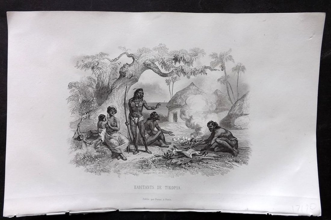 d'Urville, Jules Dumont 1859 Antique Print. Habitants of Tikopia, Solomon Islands. Pacific: Antique Steel Engraving Published 1859, Paris for "Histoire Generale des Voyages..." By Jules Dumont d'Urville. . Paper Size: 10.5 x 6.5 inch (27 x 17cm) Good Condition