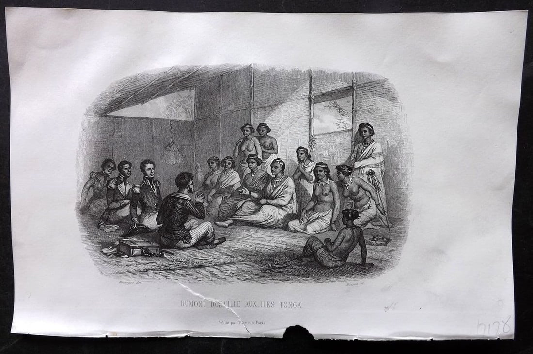 d'Urville, Jules Dumont 1859 Antique Print. Jules Dumont d'Urville, Jules Dumont with Tonga Natives (1 of 1)