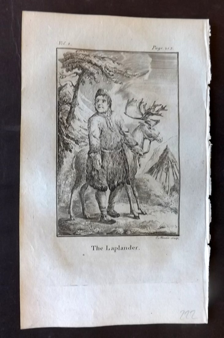 Goldsmith, Oliver 1779 Antique Print. The Laplander with Reindeer: Copper Plate Published 1779, London for "An History of the Earth and Animated Nature" by Oliver Goldsmith. Paper Size: 7 x 4.25 inch (18 x 11cm) Good Condition