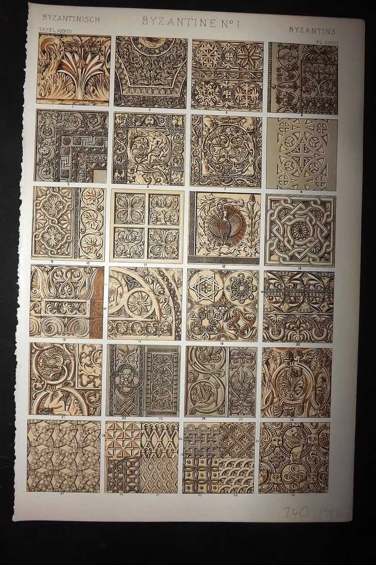 Jones, Owen 1910 Design Print. Byzantine No. 1: Chromolithograph Published 1910 by Bernard Quaritch, London for "The Grammar of Ornament" by Owen Jones. Paper Size: 13 x 9 inch (33 x 23cm) Good Condition