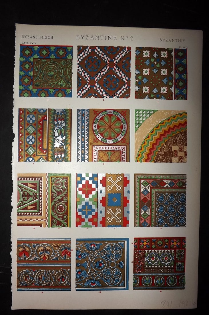Jones, Owen 1910 Design Print. Byzantine No. 2: Chromolithograph Published 1910 by Bernard Quaritch, London for "The Grammar of Ornament" by Owen Jones. Paper Size: 13 x 9 inch (33 x 23cm) Good Condition
