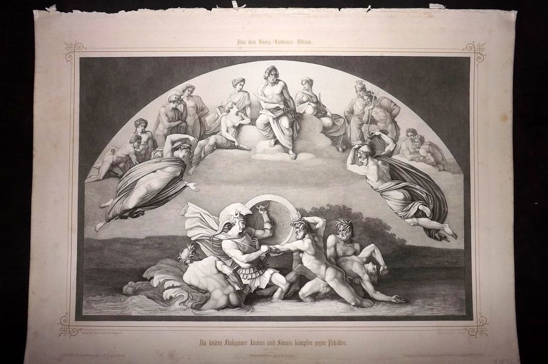 King Ludwig Album 1850's LG Folio Print. Scamander River Gods, Homer's Iliad: Antique Large Folio Steel Engraving Published 1850-59, Munich for "Album Seiner Majestat Konigs Ludwig I von Bayern, von Deutschen Kunstlern gewidmet am Tage der feyerlichen Enthullung" [King Ludwig's