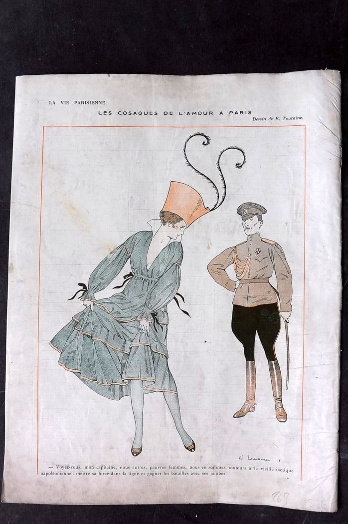 La Vie Parisienne 1916 Art Deco. Les Cosaques de l'Amour a Paris by Touraine: Lithograph Published 1916, Paris for "La Vie Parisienne" Illustrated by Lissac, Barbier, Vallet, Valee, Prejelan, Herouard, Fournier, Kuhn-Regnier, Georges L?onnec and others. Verso text, but none sho