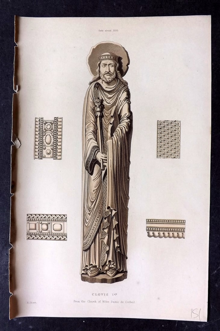 Shaw, Henry 1843 Hand Col Print. Clovis 1st from Notre Dame de Corbeil (1 of 1)