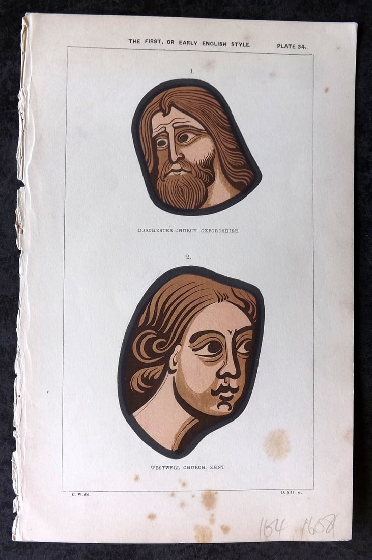Winston 1847 Stained Glass Print Dorchester Church Oxford, Westwell Church Kent: Hand Colored Woodblock Published 1847, London for "An Inquiry Into the Difference of Style Observable in Ancient Glass Paintings, Especially in England, with Hints on Glass Painting" by Charles Winsto