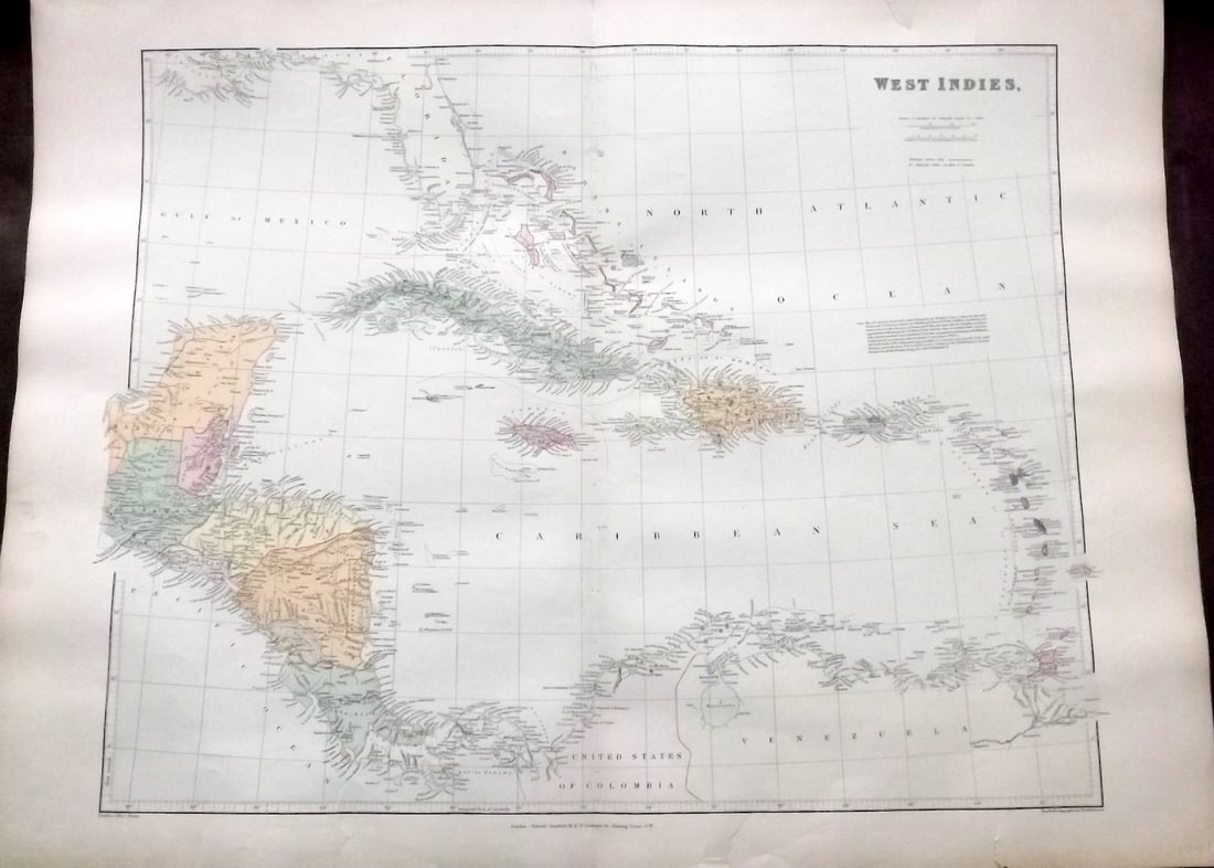 Stanford, Edward 1901 Large Map. West Indies Caribbean (1 of 2)