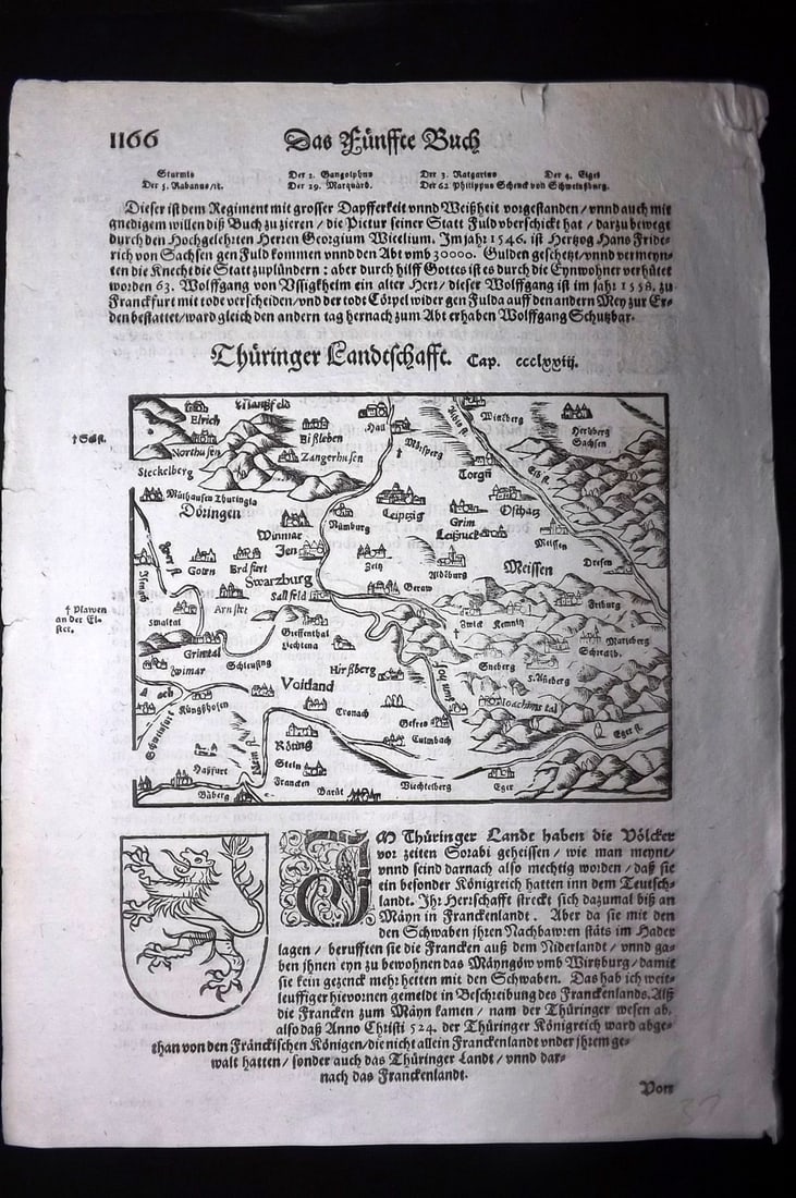 Munster, Sebastian 1581 Early Woodcut Map. Thuringia, Germany (1 of 2)