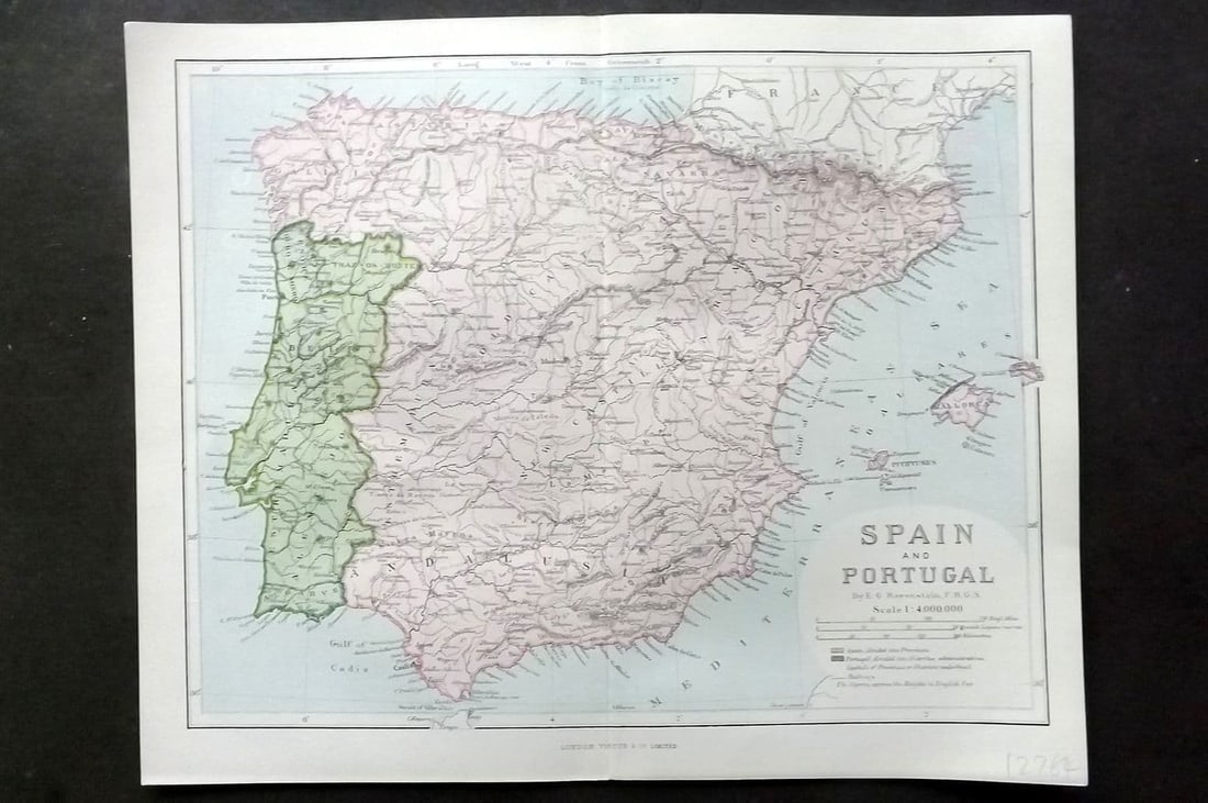Reclus, Elisee C1880 Antique Map. Spain and Portugal: Antique Lithograph Map Published 1876-94, London for "The Universal Geography" by Elisee Reclus. Edited by A. H. Keane. Centre fold as issued. Paper Size: 13.5 x 10.5 inch (34 x 27cm) Good Condition