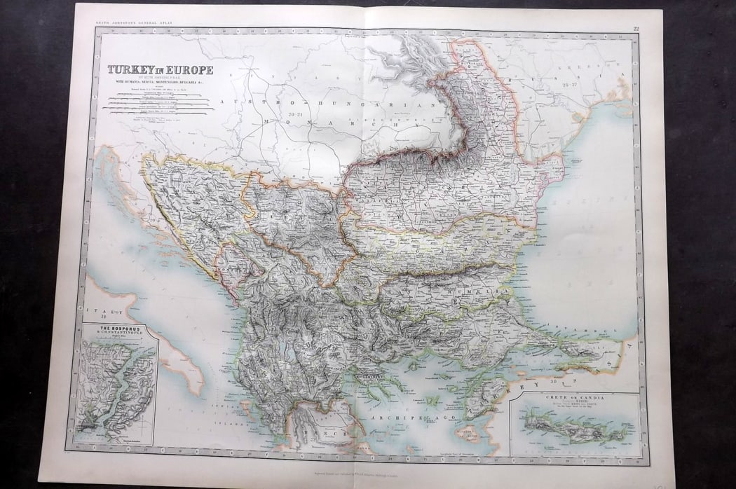 Johnston, Alexander 1894 LG Antique Map. Turkey in Europe. Balkans: Large Folio Colour Printed Steel Engraved Map Published 1894, Edinburgh & London for "The Royal Atlas of Modern Geography" by Alexander Keith Johnston and T. B. Johnston. Centre fold as published. Pap