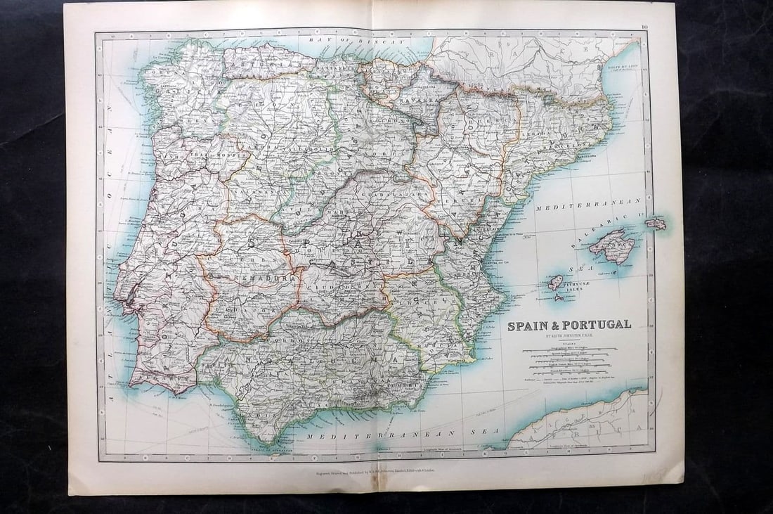 Johnston, Alexander 1906 Antique Map. Spain and Portugal (1 of 1)