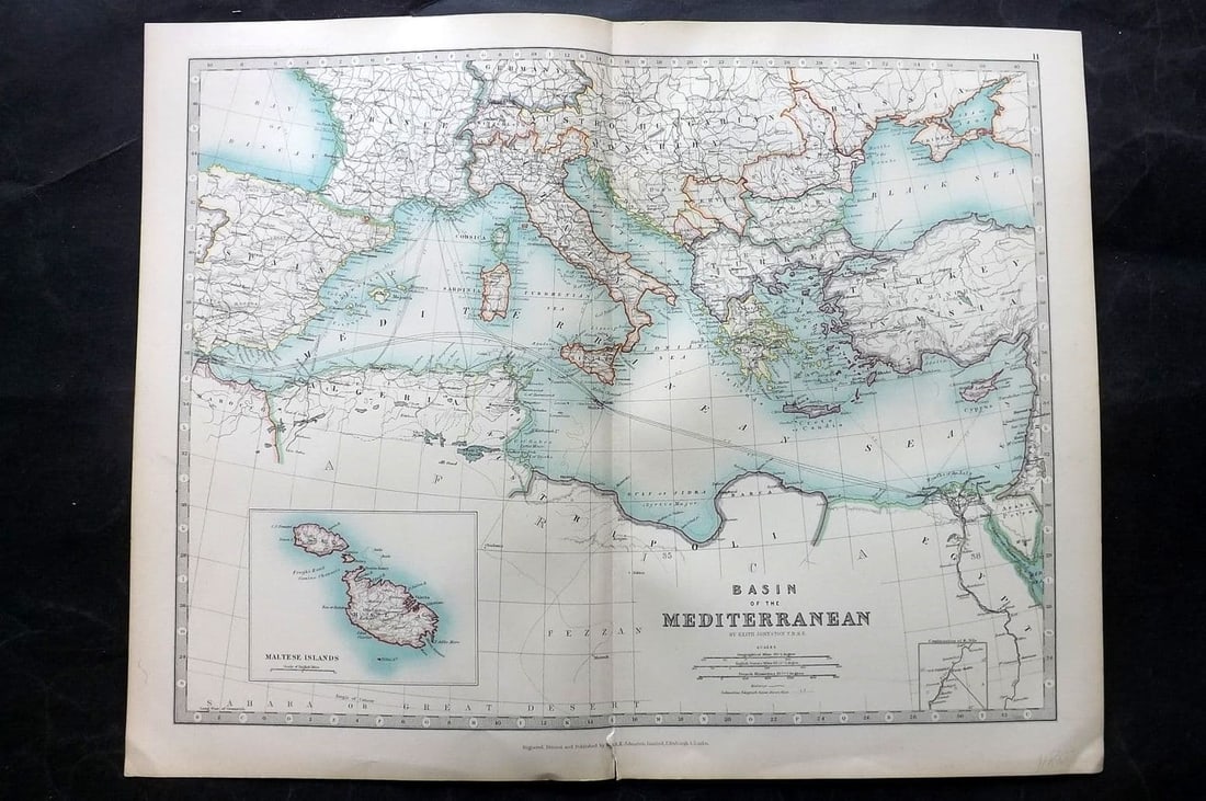 Johnston, Alexander 1906 Antique Map. Basin of the Mediterranean (1 of 1)