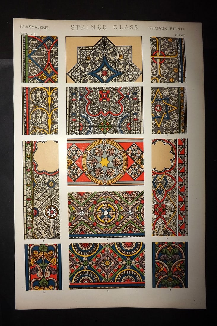 Jones, Owen 1910 Folio Design Print. Stained Glass PL 69: Chromolithograph Published 1910 by Bernard Quaritch, London for "The Grammar of Ornament" by Owen Jones. Paper Size: 13 x 9 inch (33 x 23cm) Good Condition